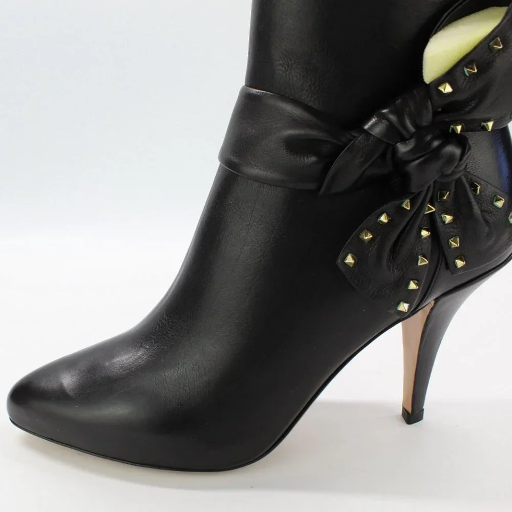 NEW Valentino Garavani Rockstud Leather Boots, Black, EU 38.5, Zip Closure, Bow